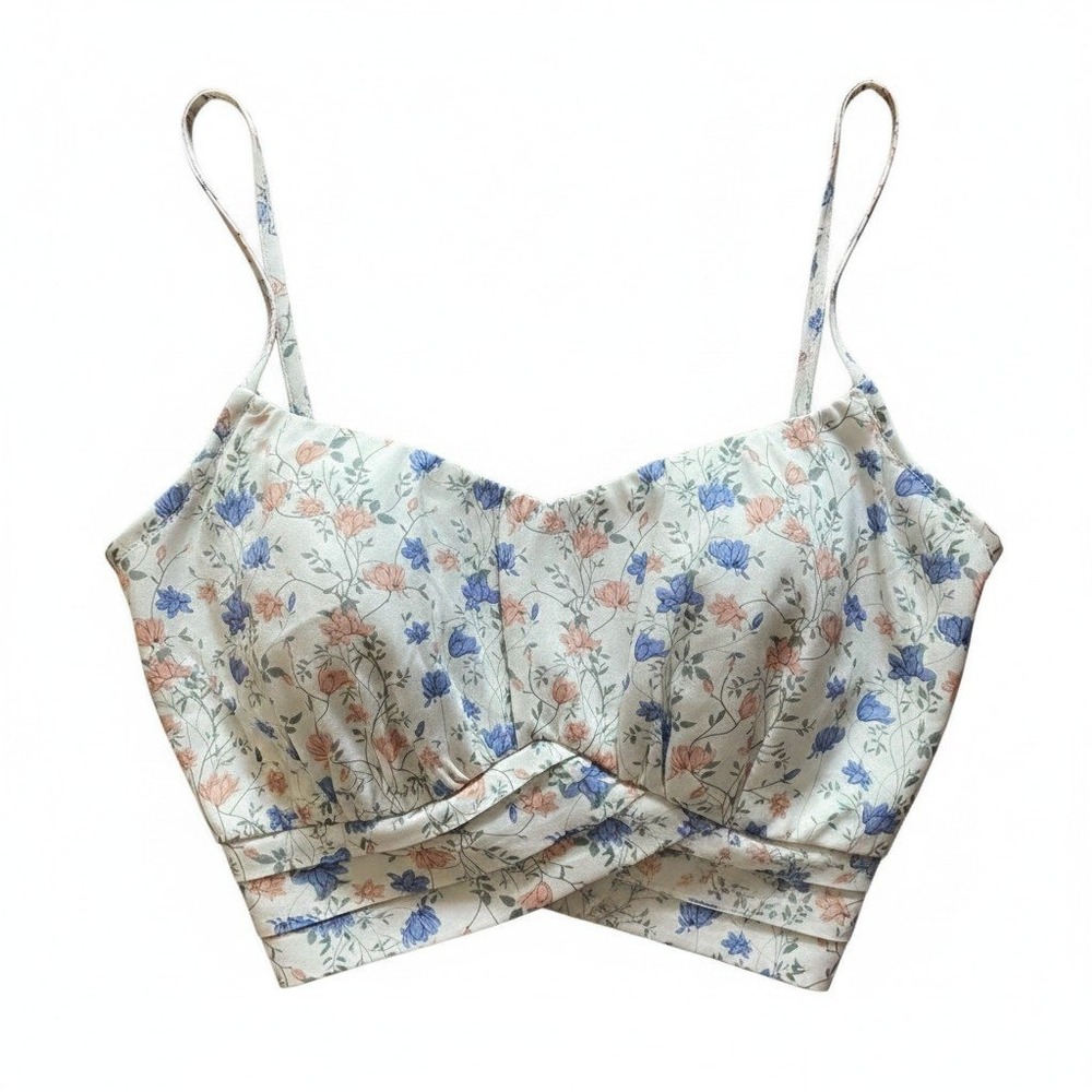 Mable Anthro Floral Crossover Crop Top Women Medium White Camisole Coquette